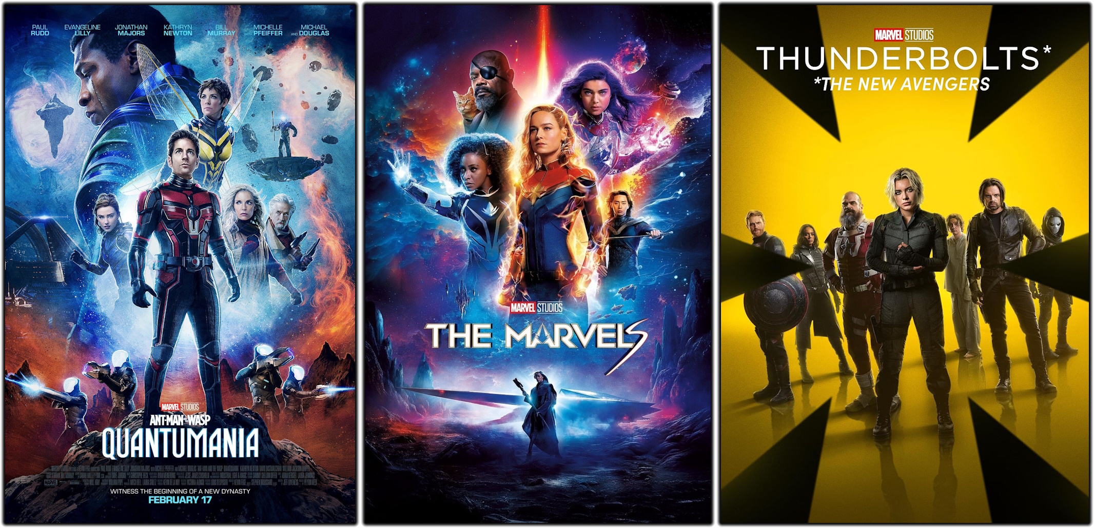 Posters for Ant-Man and the Wasp: Quantumania, The Marvels, and Thunderbolts/The New Avengers.