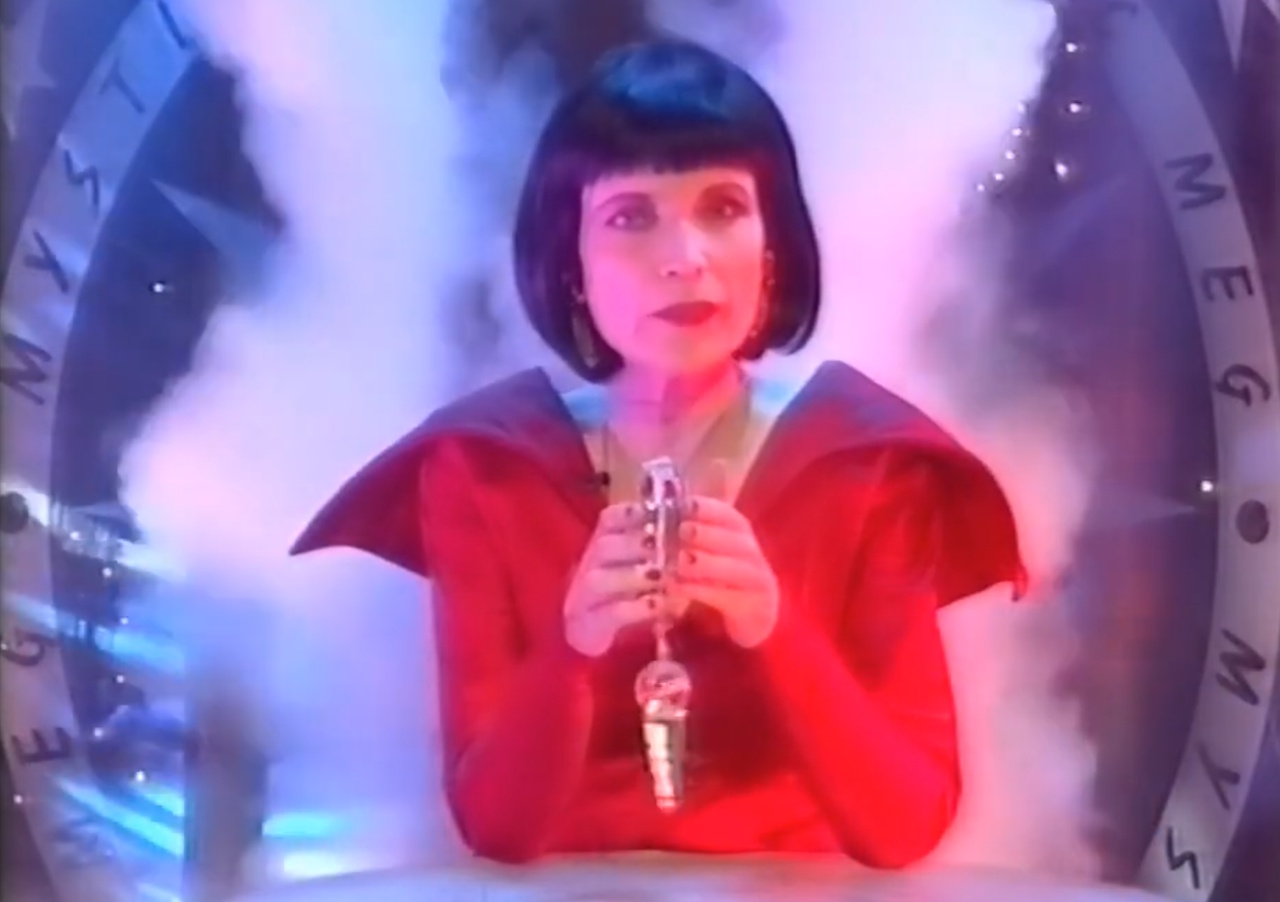 Still frame from a 1995 National Lottery broadcast showing Mystic Meg.