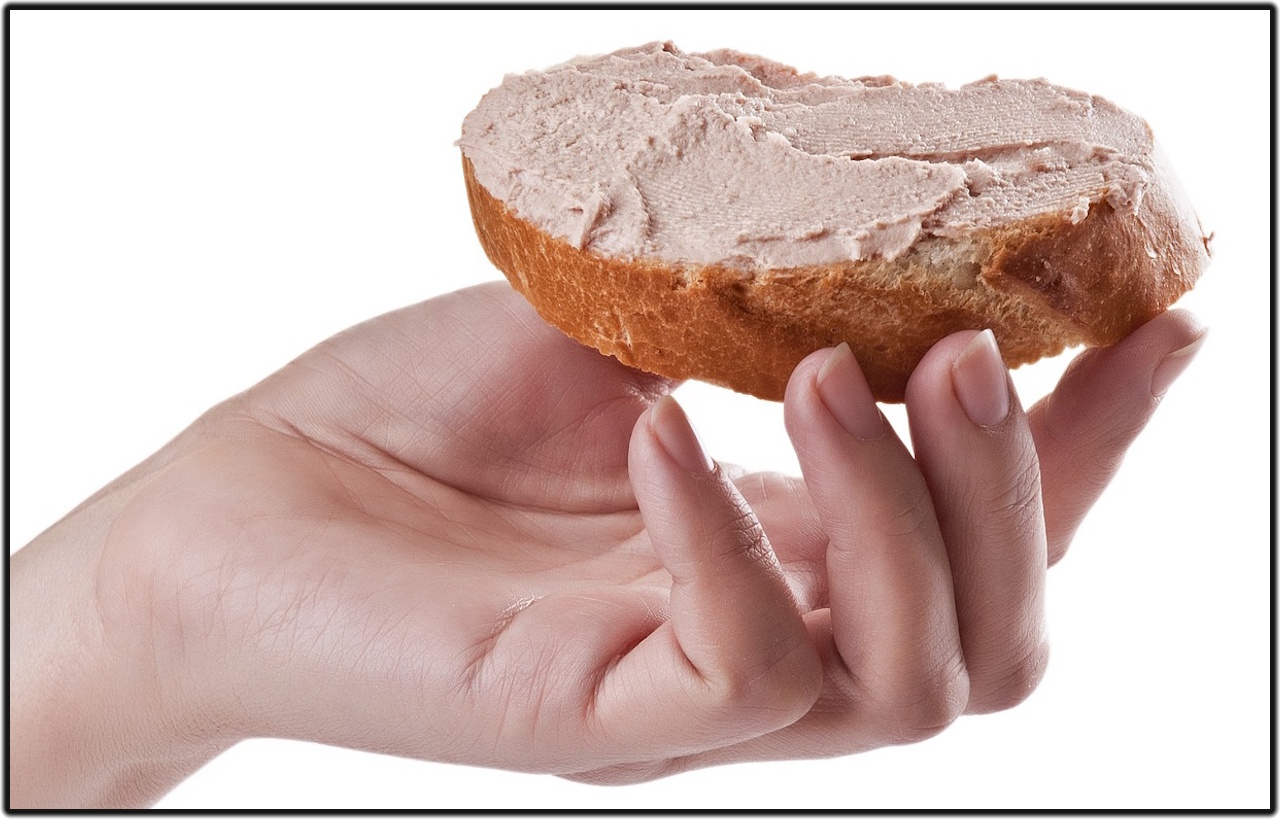 Stock photo of a hand holding bread with pate.