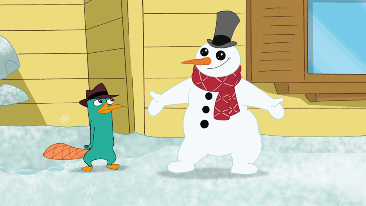 Still frame from Phineas and Ferb: Christmas Vacation showing Perry the Platypus and a magic, sentient snowman.