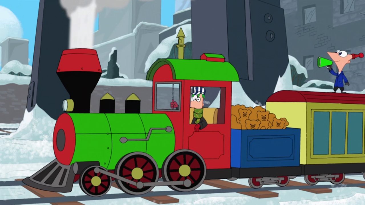 Still frame from Phineas and Ferb: Christmas Vacation showing Phineas and Ferb aboard a Christmassy steam train.