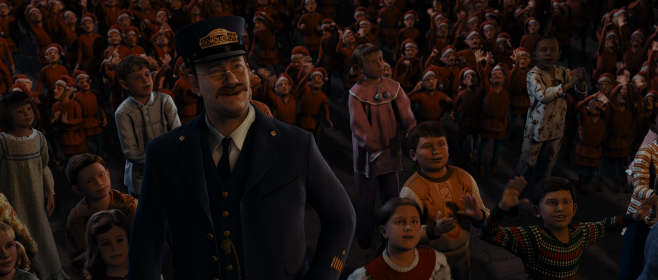 Still frame from The Polar Express (2004) showing the conductor, the kids, and a crowd of elves at the North Pole.