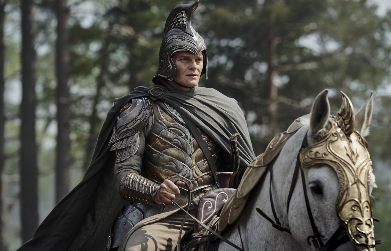 Promo still for The Lord of the Rings: The Rings of Power showing Elrond on horseback.