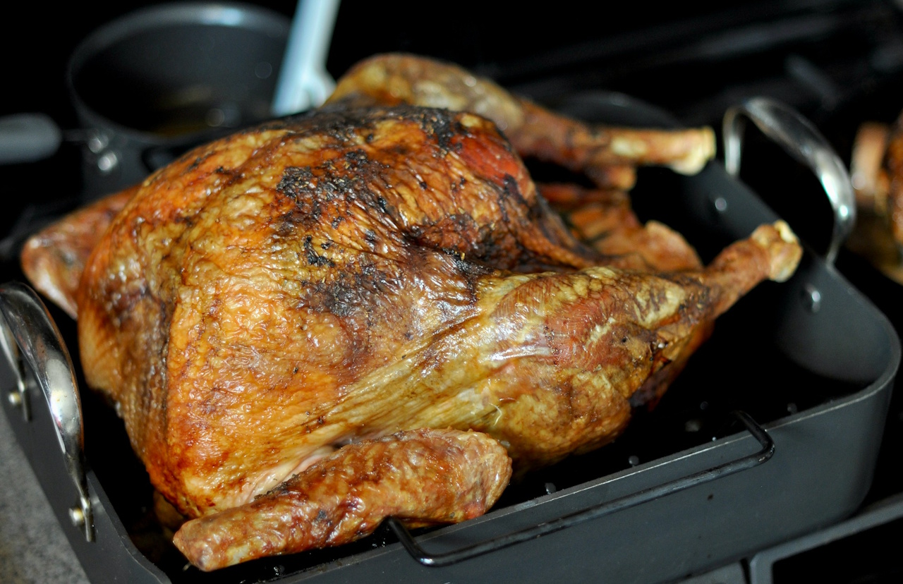 Stock photo of roast turkey in a pan.