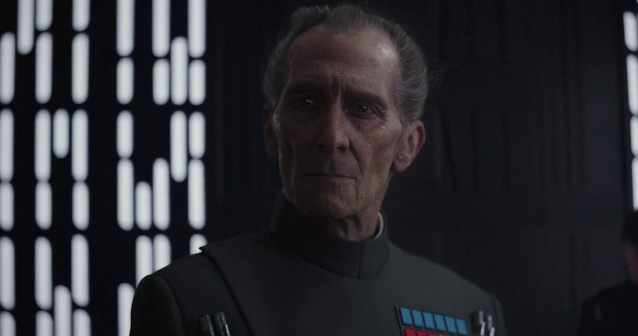 Still frame from Rogue One: A Star Wars Story showing Tarkin (a digital model based on actor Peter Cushing).