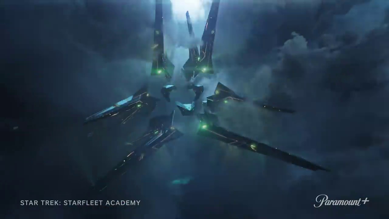 Still frame from the Star Trek: Starfleet Academy promotional clip showing a villain's spaceship.