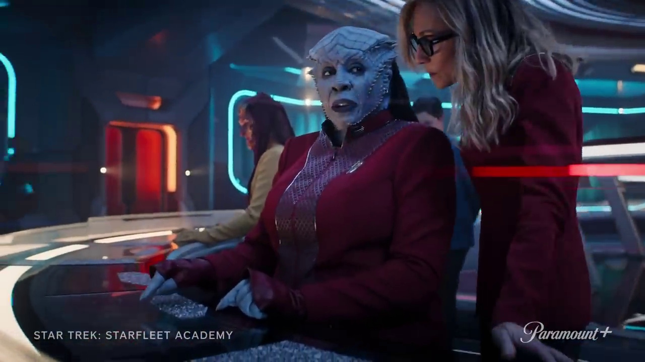 Still frame from the Star Trek: Starfleet Academy promotional clip showing Lura Thok and Captain Ake.