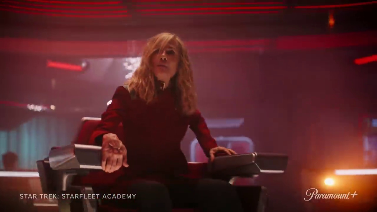 Still frame from the Star Trek: Starfleet Academy promotional clip showing Captain Ake in the captain's chair.