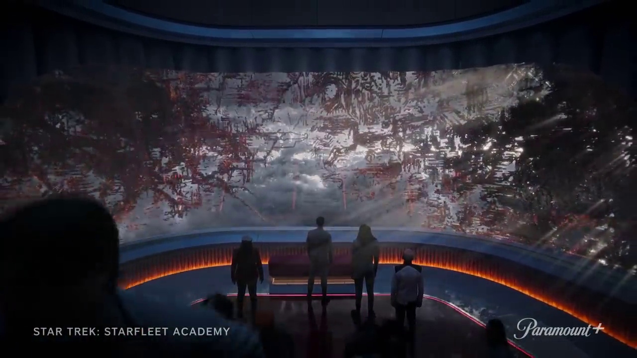 Still frame from the Star Trek: Starfleet Academy promotional clip showing the programmable matter attack.