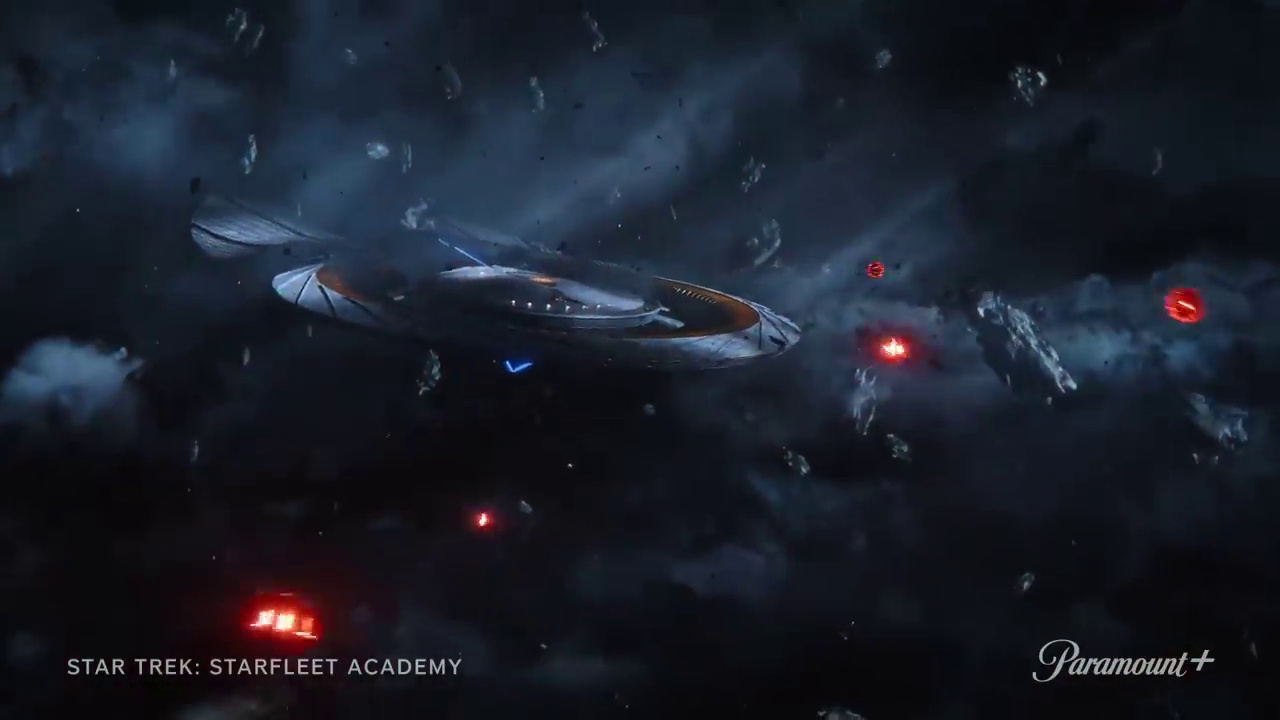 Still frame from the Star Trek: Starfleet Academy promotional clip showing the USS Athena.