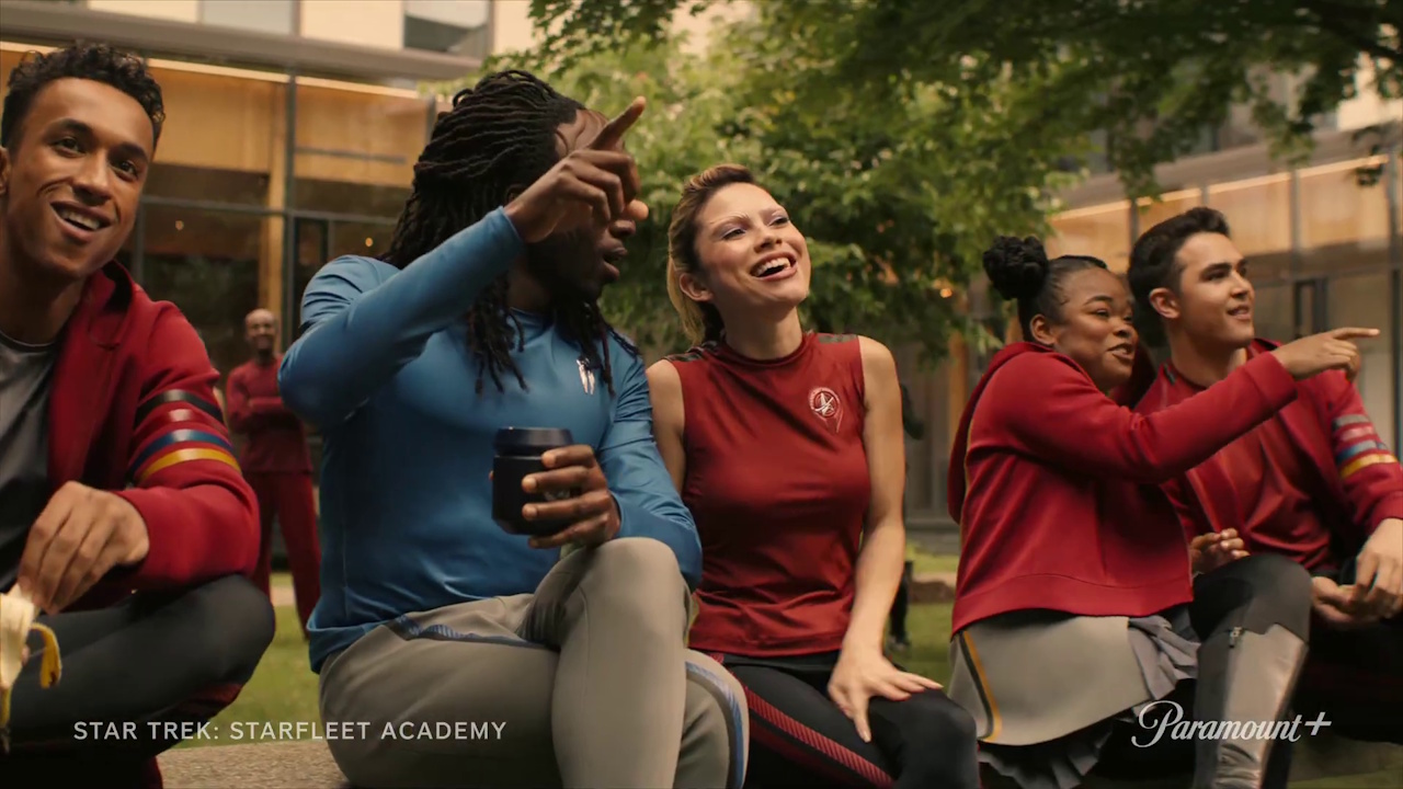 Still frame from the Star Trek: Starfleet Academy trailer showing the cadets.
