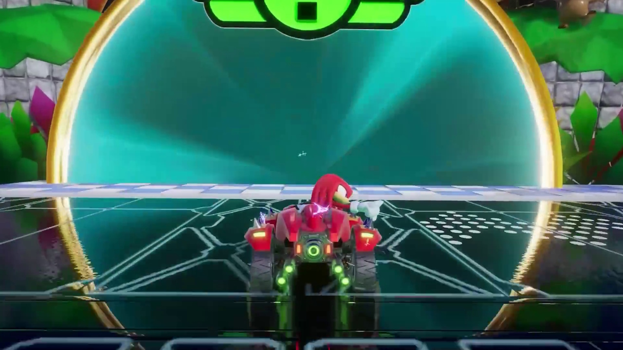 Promo screenshot for Sonic Racing: CrossWorlds showing Knuckles approaching a portal.