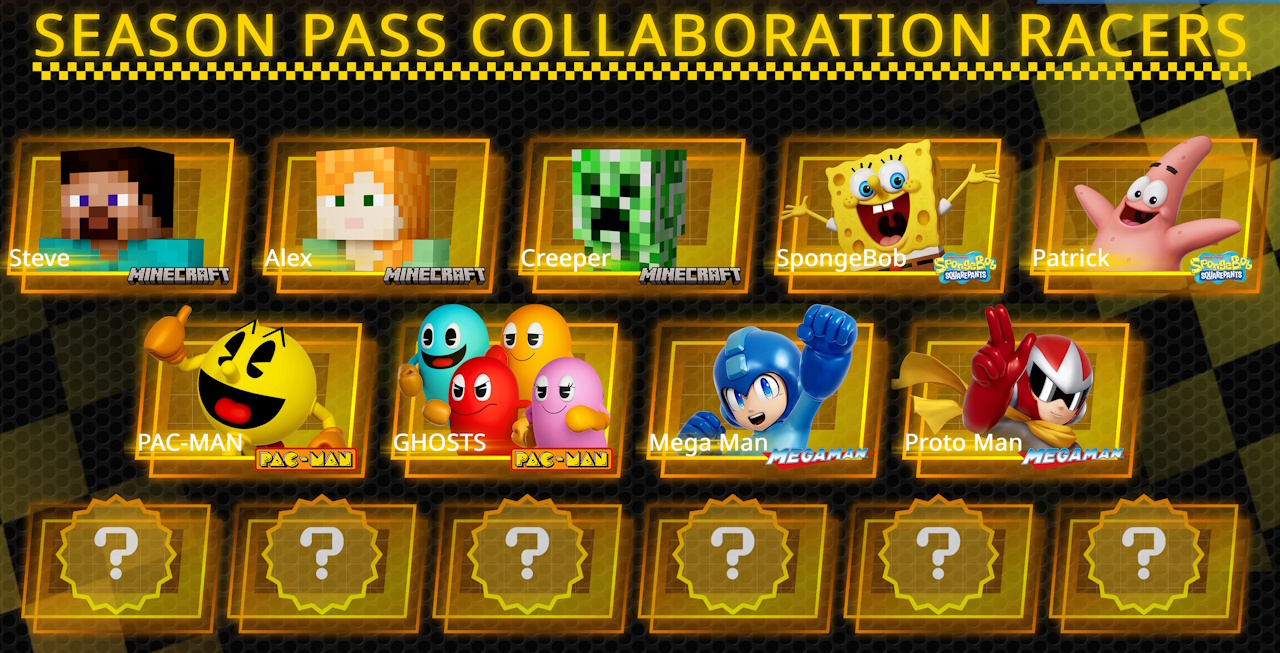 Promo screenshot for Sonic Racing: CrossWorlds showing season pass characters.