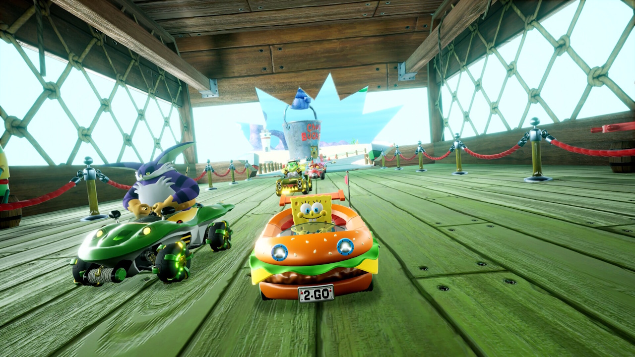 Promo screenshot for Sonic Racing: CrossWorlds showing SpongeBob.