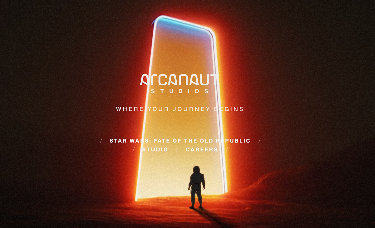 Splash page from the website of Star Wars: Fate of the Old Republic developer Arcanaut showing their logo and a graphic.