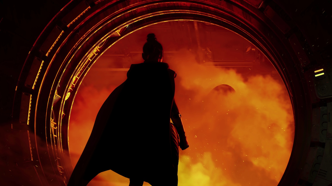 Still frame from the Star Wars: Fate of the Old Republic teaser showing the character entering a door.