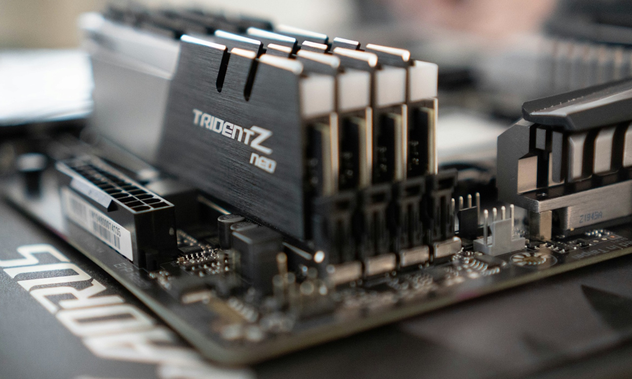 Stock photo of RAM chips attached to a motherboard.