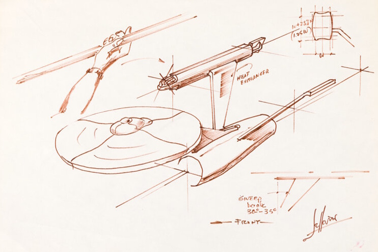Scan/photo of hand-drawn concept art of the USS Enterprise (or the Enterprise filming model) from Star Trek: TOS.