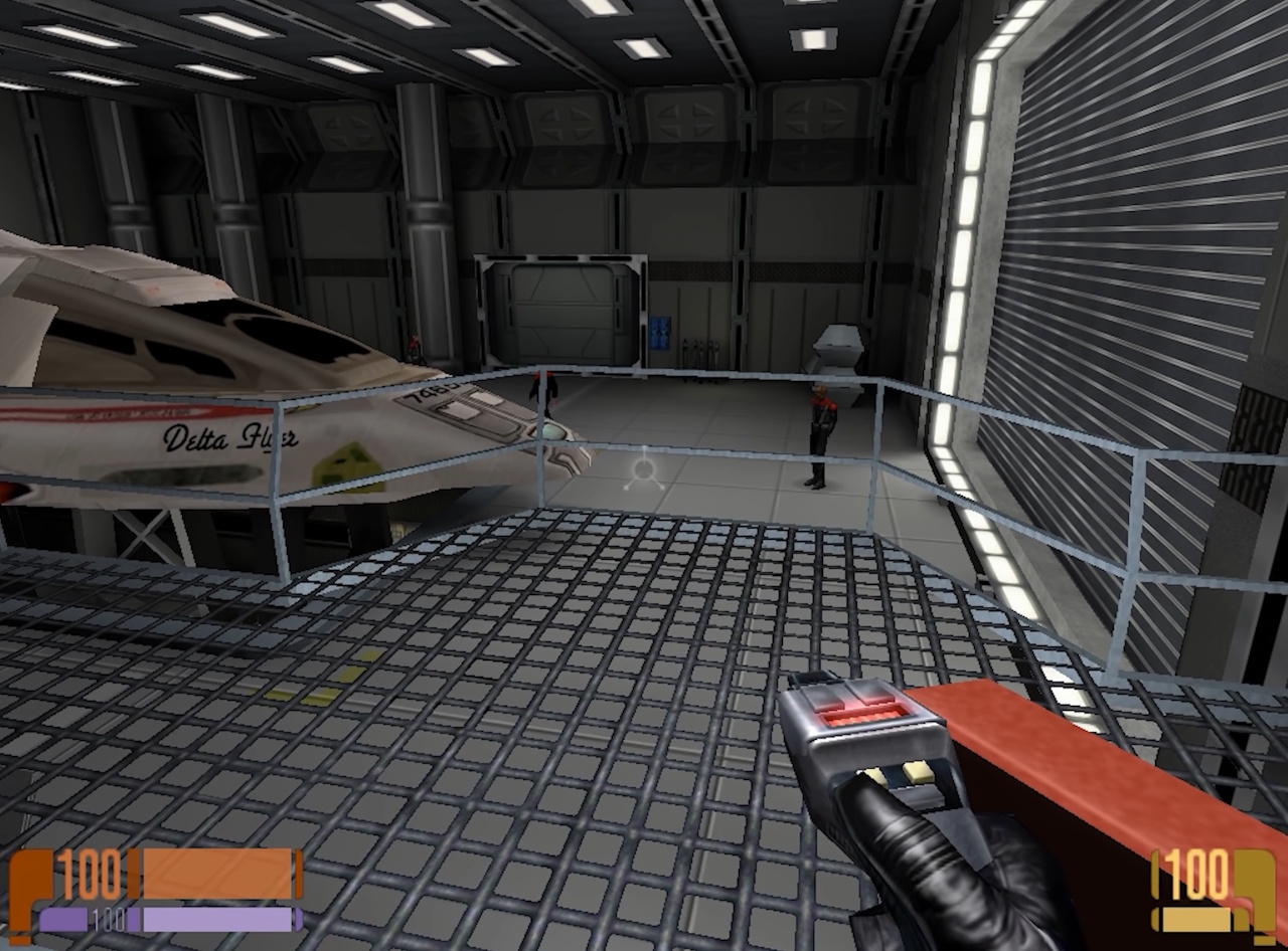 Screenshot of Star Trek: Voyager - Elite Force showing a first-person viewpoint.