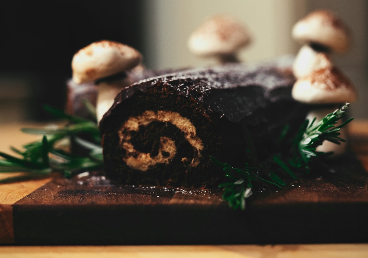 Stock photo of a festive yule log cake.