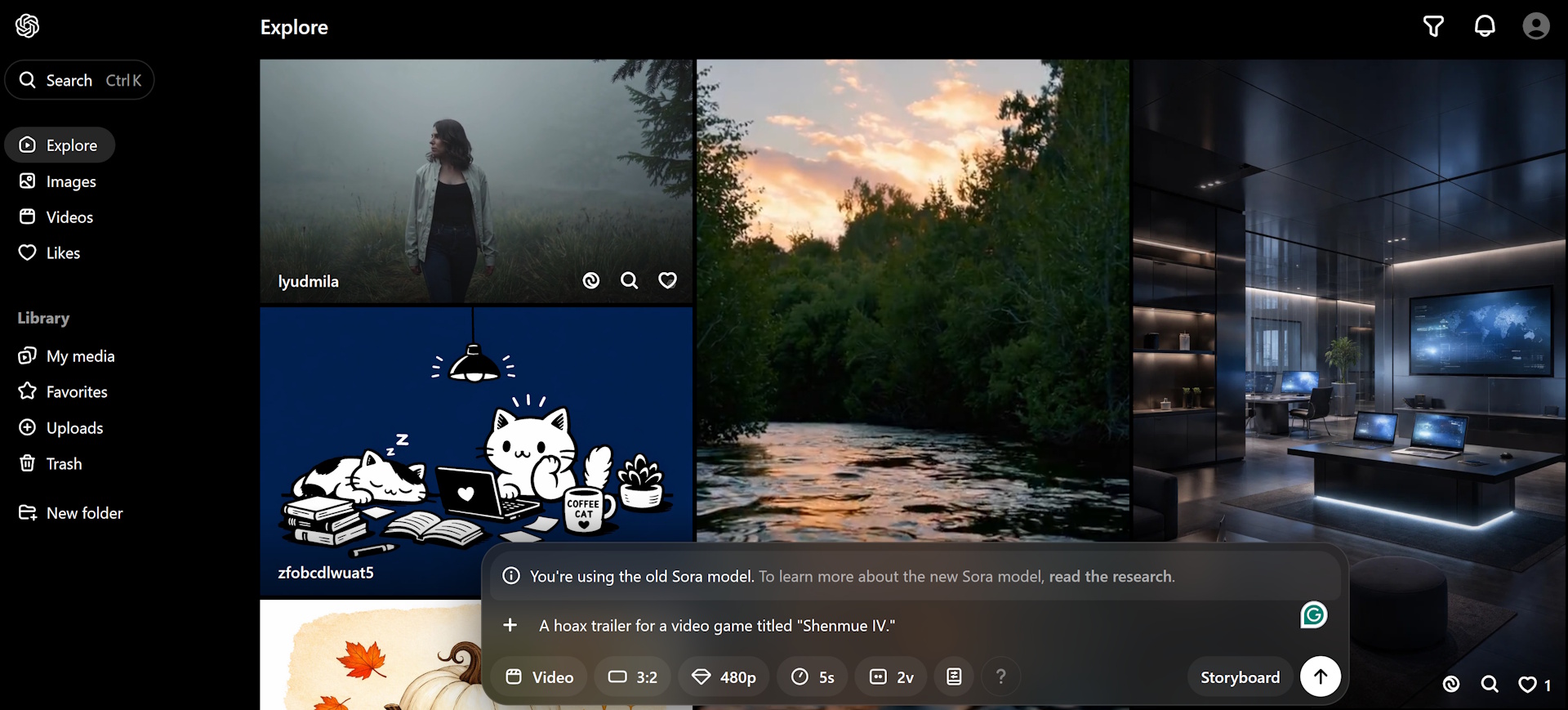 Screenshot of the Sora (OpenAI) website, showing examples of AI-generated videos.