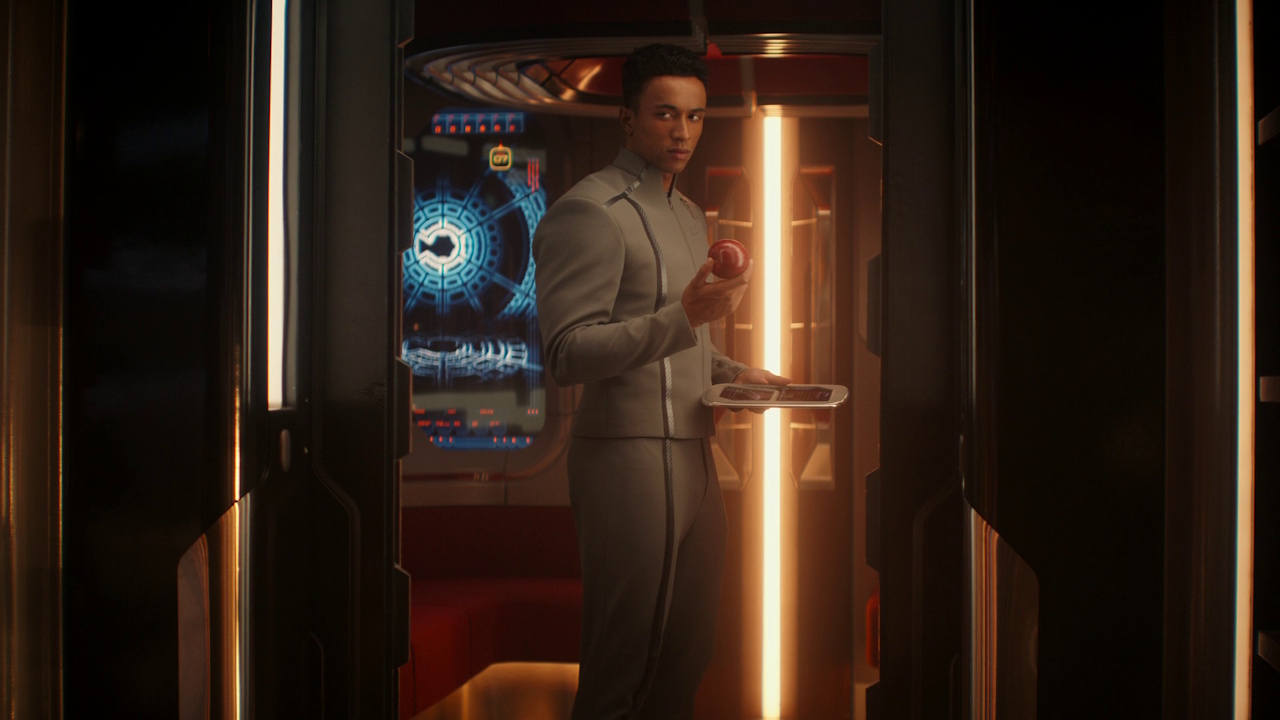Still frame from Star Trek: Starfleet Academy Season 1 showing Caleb with an apple.