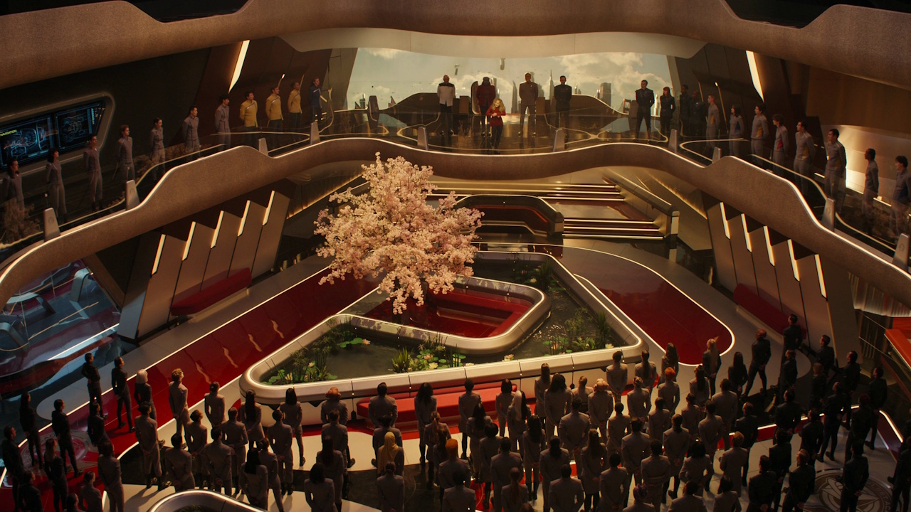 Still frame from Star Trek: Starfleet Academy Season 1 showing the Chancellor giving a speech to the cadets.