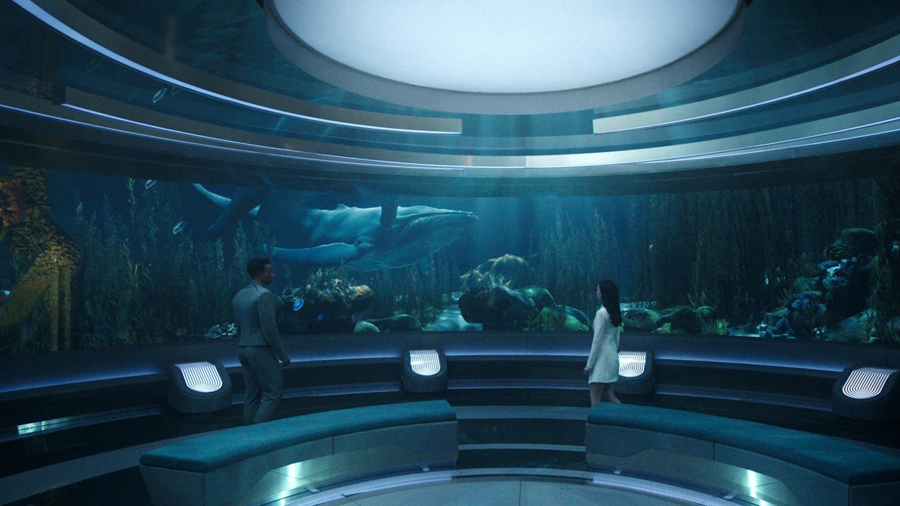 Still frame from Star Trek: Starfleet Academy Season 1 showing Caleb, Tarima, and the whale.
