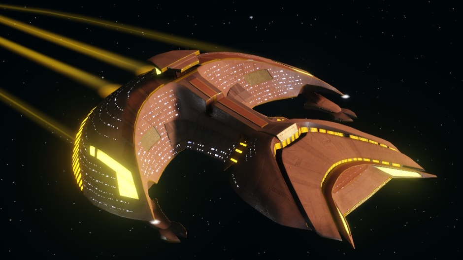 Promo screenshot for Star Trek Online showing a D'Kora Class ship.