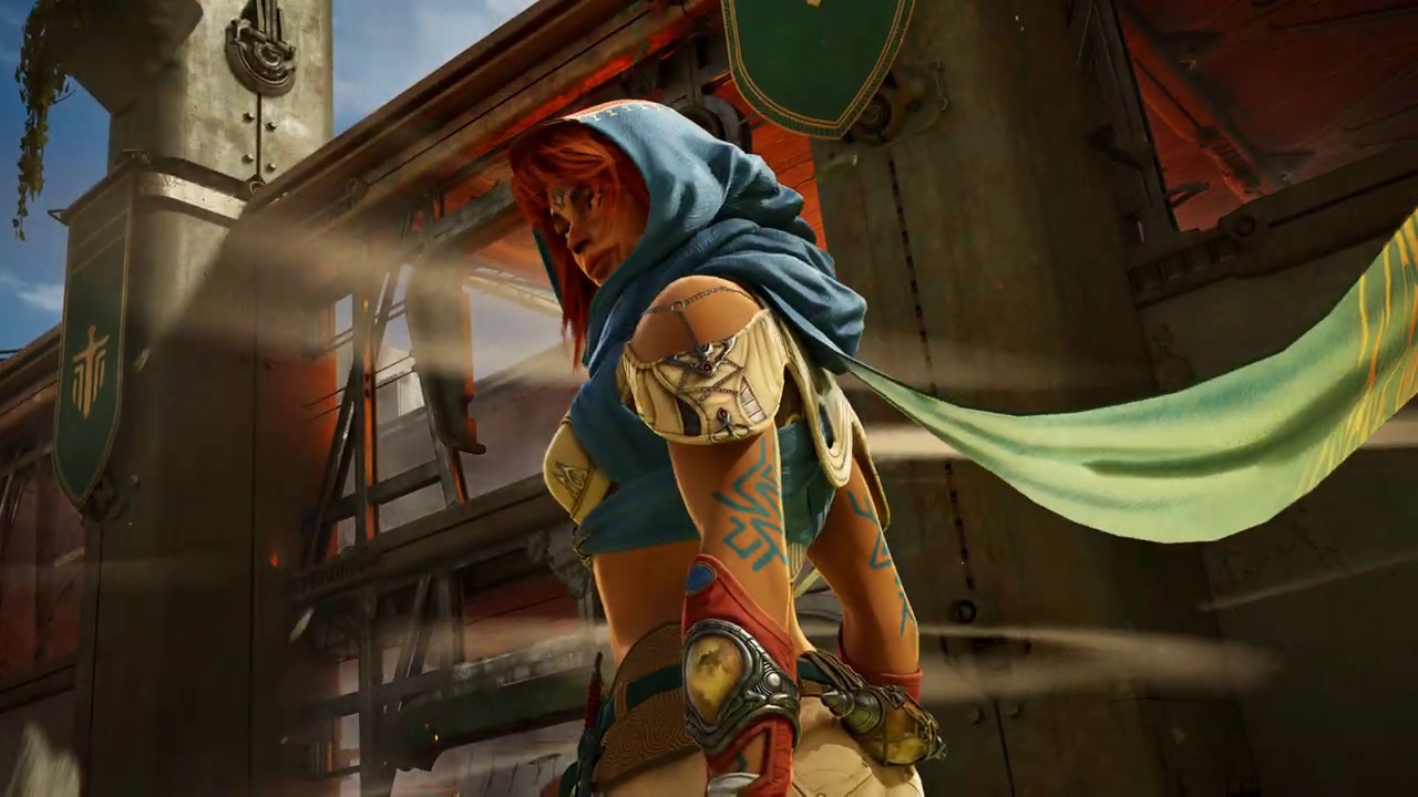 Still from the Highguard launch trailer showing the character of Scarlet.