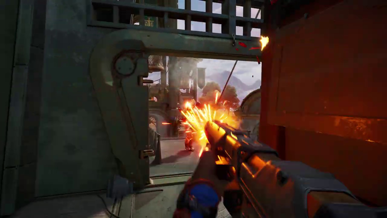 Still frame from the Highguard launch trailer showing a shotgun being fired.