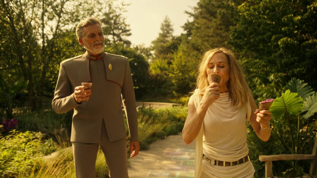 Still frame from Star Trek: Starfleet Academy Season 1 showing Admiral Vance and Captain Ake having ice cream.