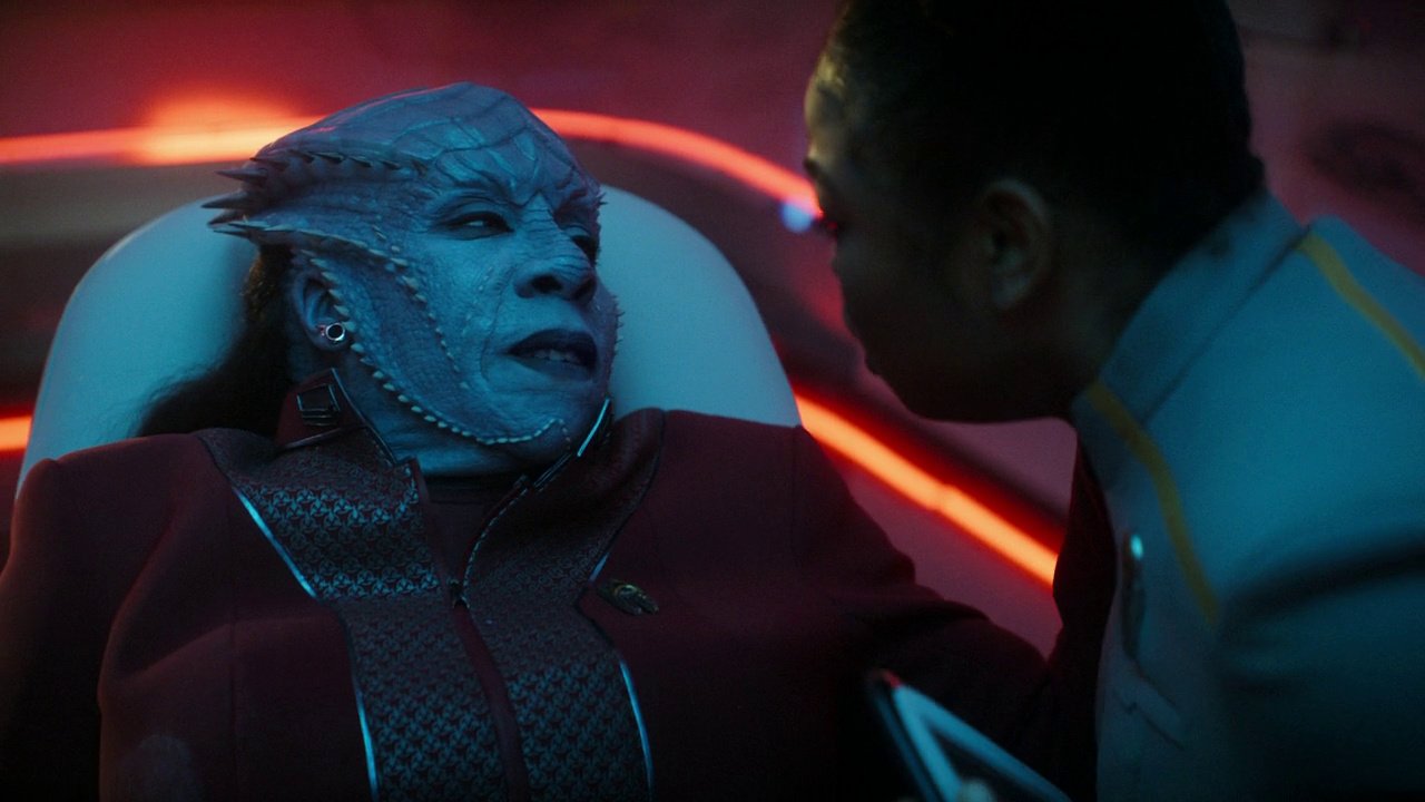 Still frame from Star Trek: Starfleet Academy Season 1 showing Lura Thok and Sam.