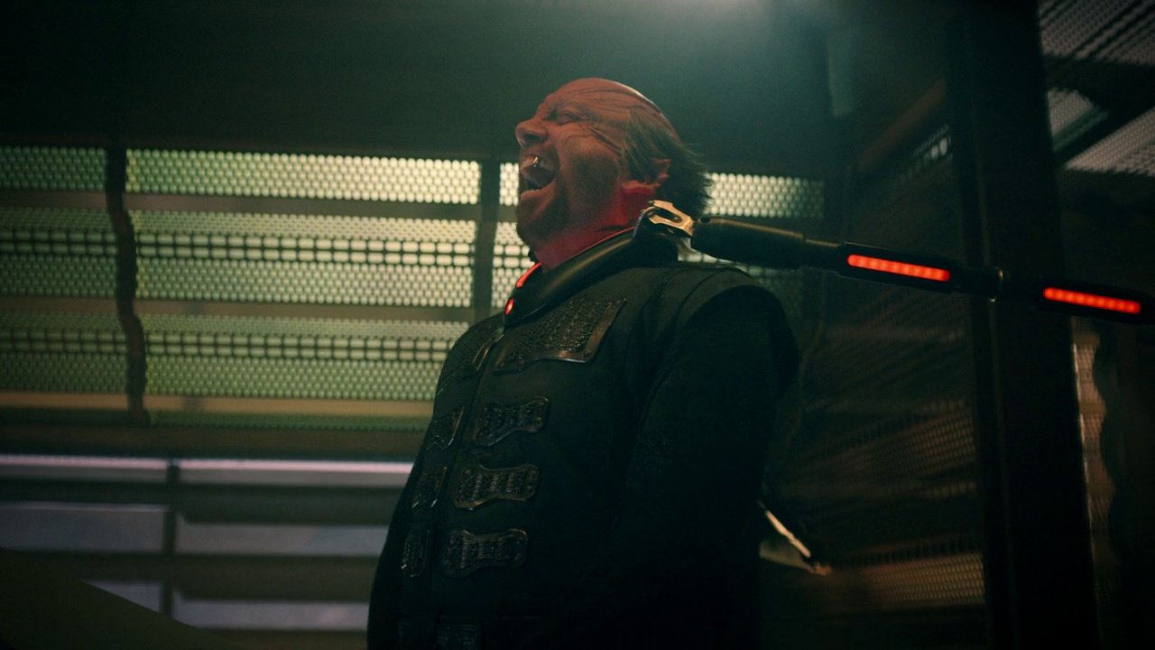 Still frame from Star Trek: Starfleet Academy Season 1 showing Nus Braka on trial.