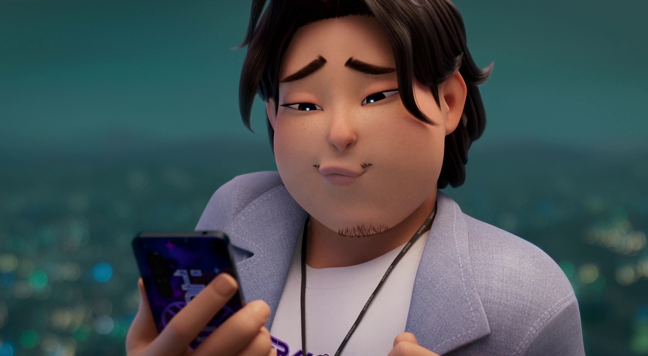 Still frame from KPop Demon Hunters showing Bobby with his phone.