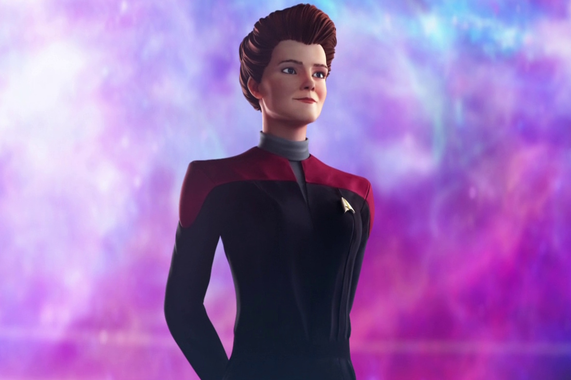 Still frame from Star Trek: Prodigy's premiere showing holo-Janeway.