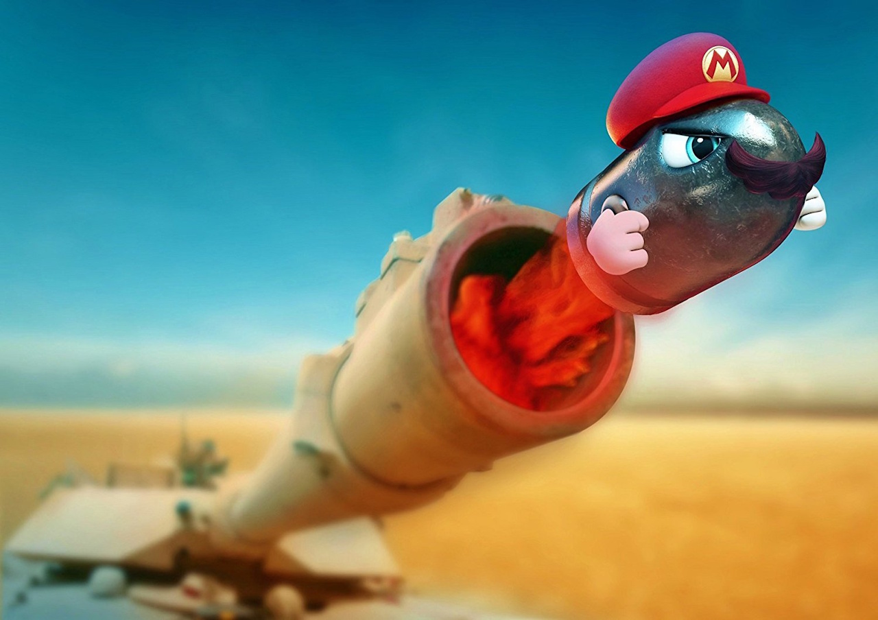 Promo image for Super Mario Odyssey showing Cappy, a Bullet Bill, and a tank.