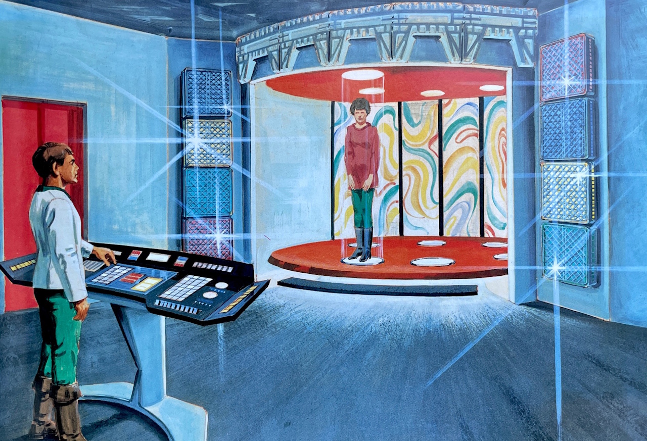 Concept art for Star Trek: Phase II/Star Trek: The Motion Picture showing a transporter room and two characters.