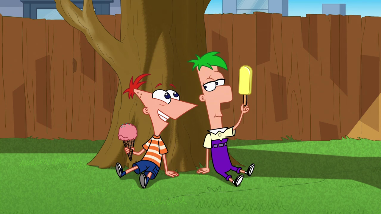 Still frame from Phineas and Ferb Season 5 showing the boys eating ice cream.