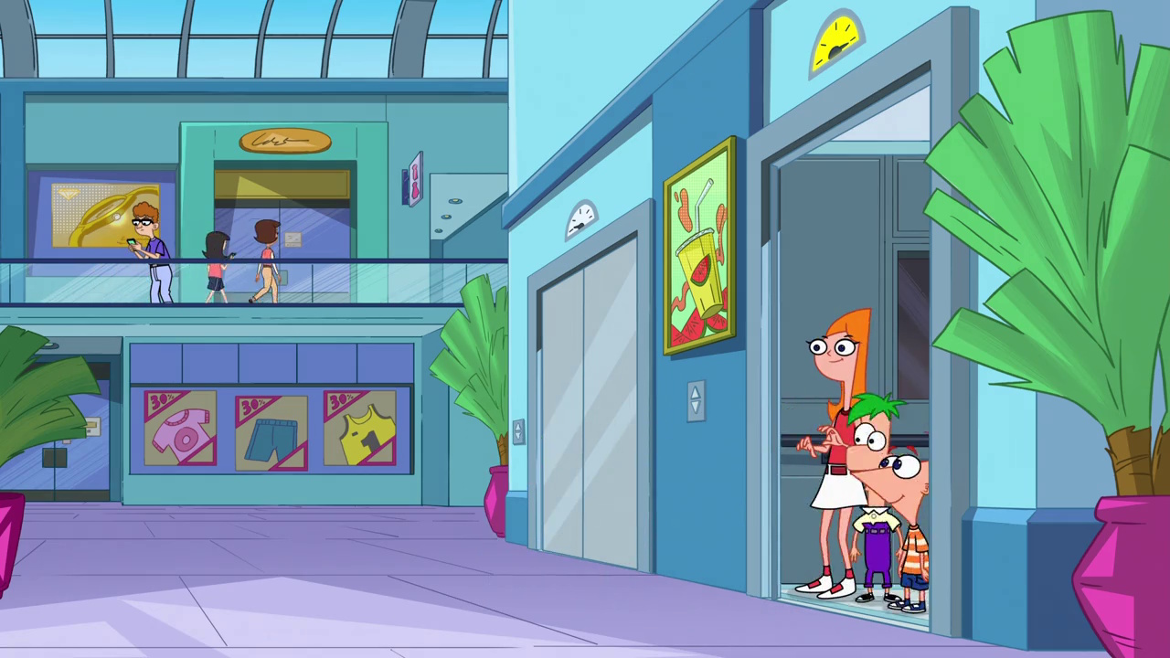 Still frame from Phineas and Ferb Season 5 showing Phineas, Ferb, and Candace in a lift.