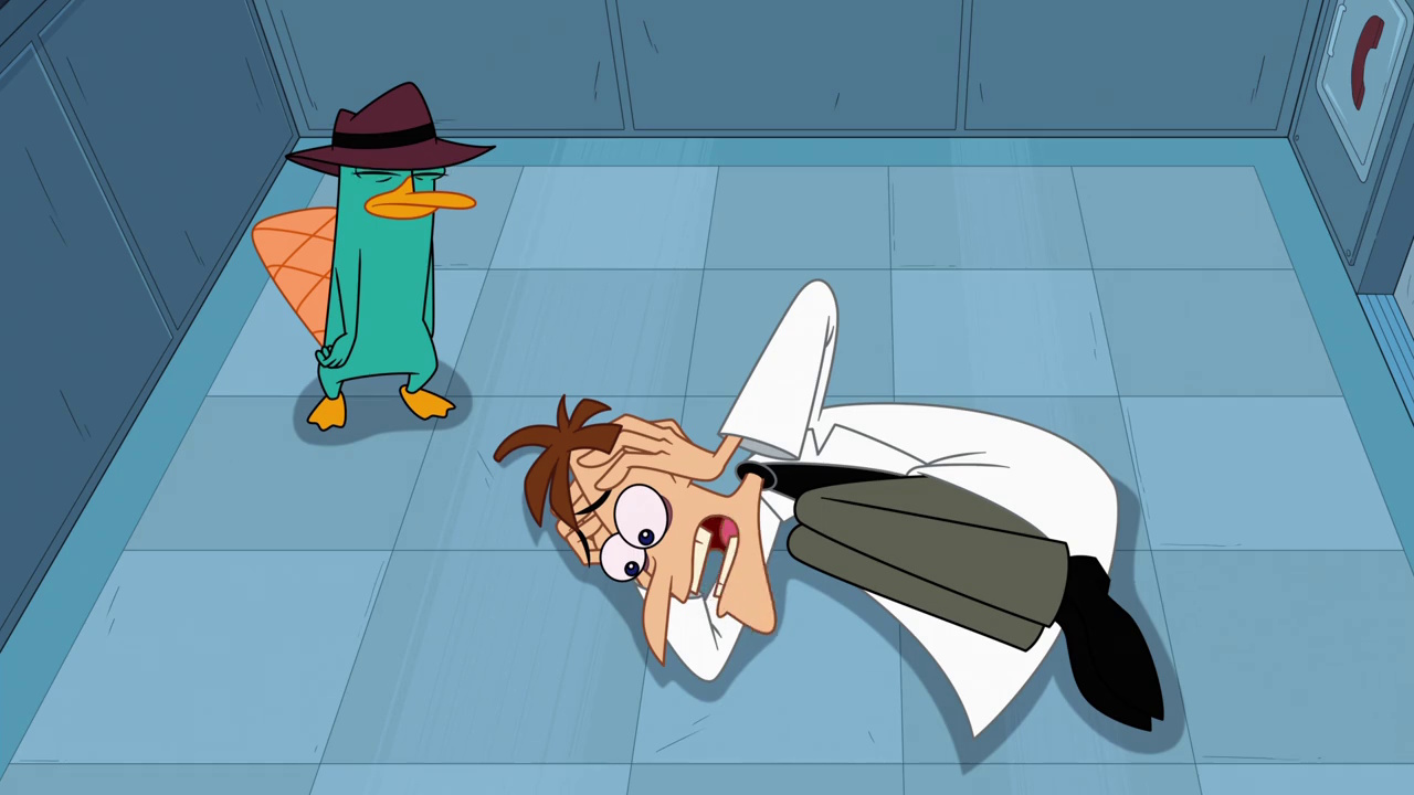 Still frame from Phineas and Ferb Season 5 showing Perry and Doof, trapped in a lift.