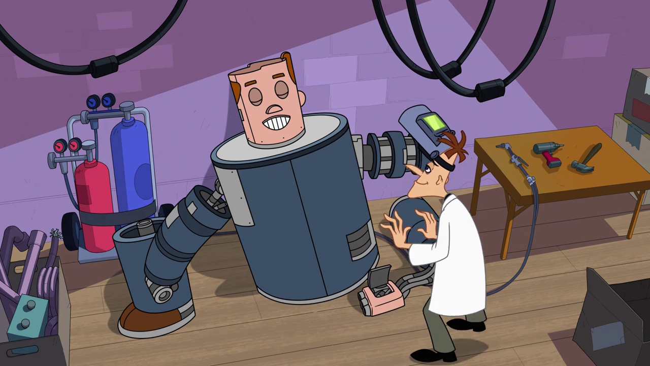 Still frame from Phineas and Ferb Season 5 showing Doof rebuilding Norm.