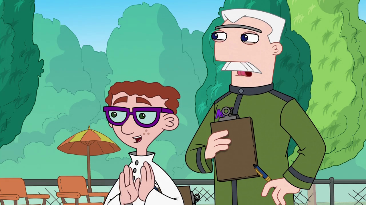 Still frame from Phineas and Ferb Season 5 showing Carl and Major Monogram.