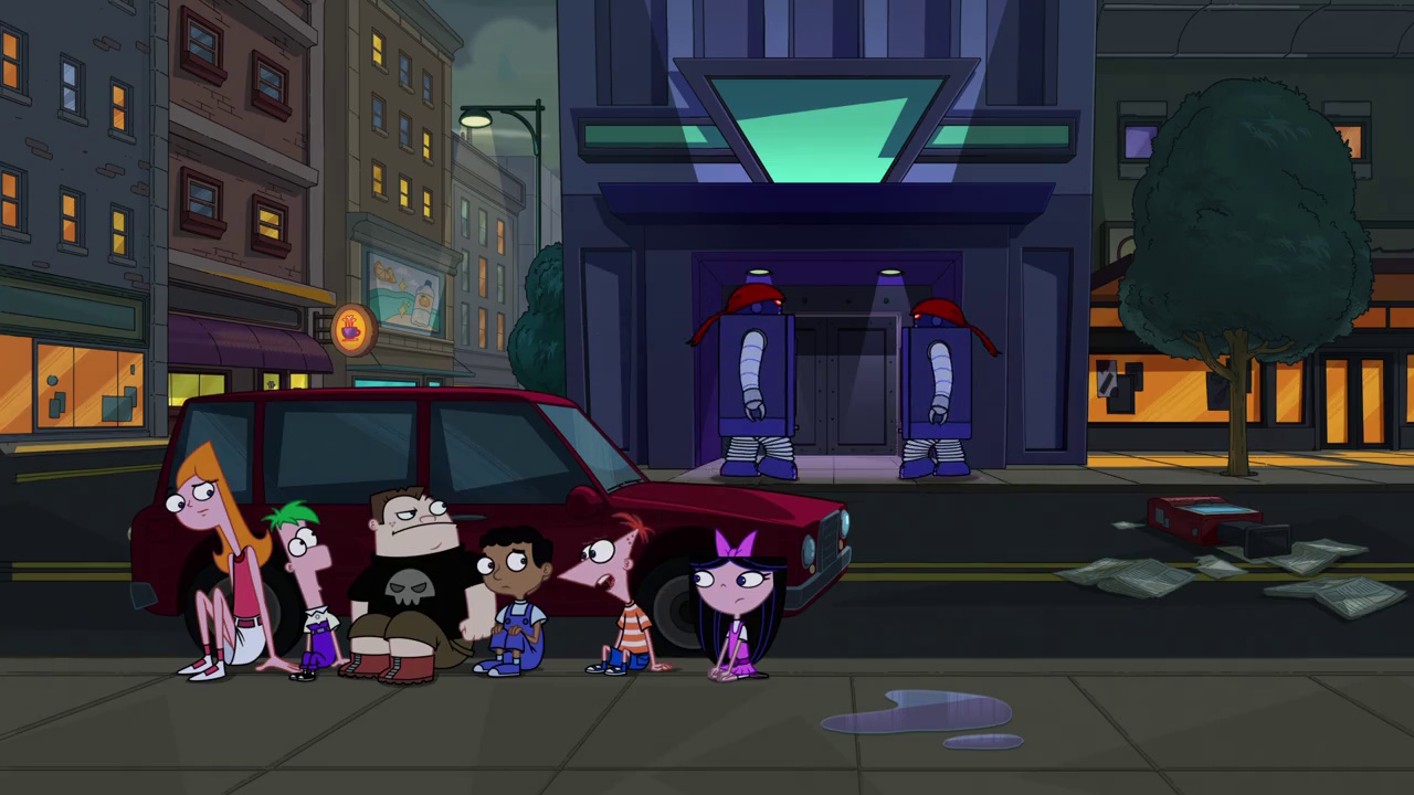 Still frame from Phineas and Ferb Season 5 showing the kids hiding behind a car.