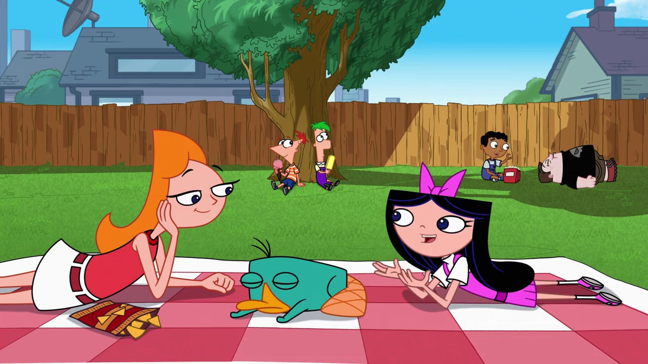 Still frame from Phineas and Ferb Season 5 showing the kids in the back yard.