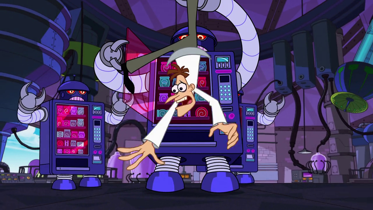 Still frame from Phineas and Ferb Season 5 showing Doof being attacked by vending machines.