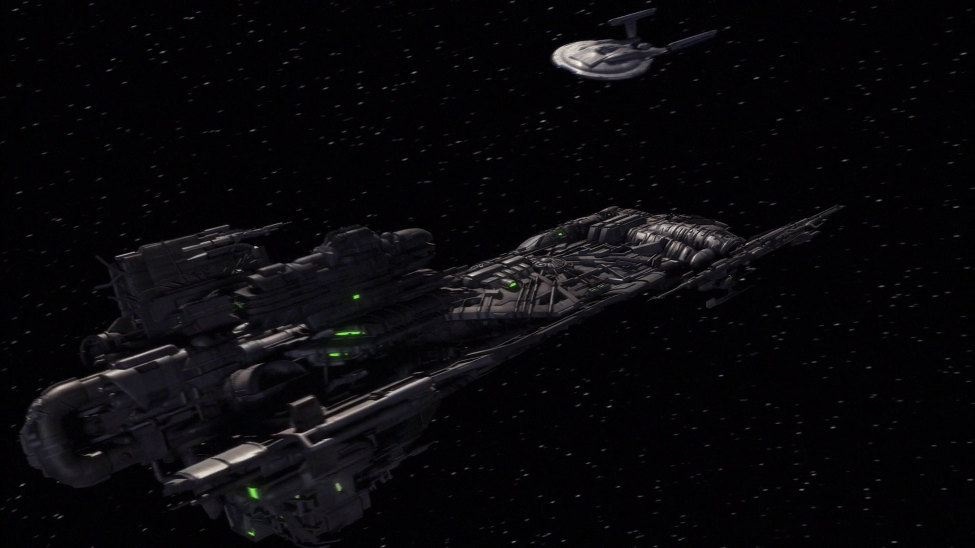 Still frame from Star Trek: Enterprise (Regeneration) showing the assimilated shuttle bearing down on the NX-01.