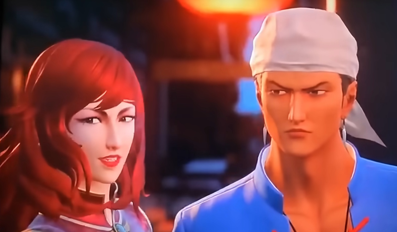 Still frame from a hoax trailer for "Shenmue IV" showing two main characters.