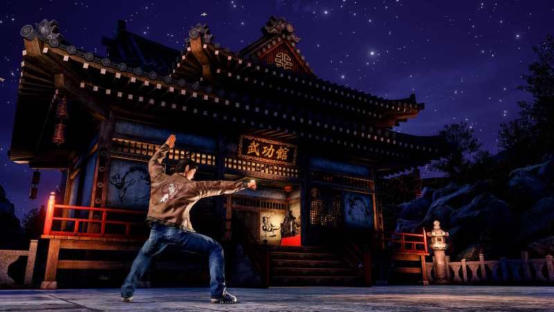 Promo screenshot for Shenmue III showing Ryo practicing martial arts outside of a temple at night.