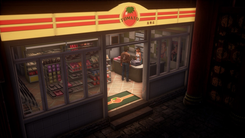 Promo screenshot of Shenmue III showing Ryo in the Tomato Mart store.
